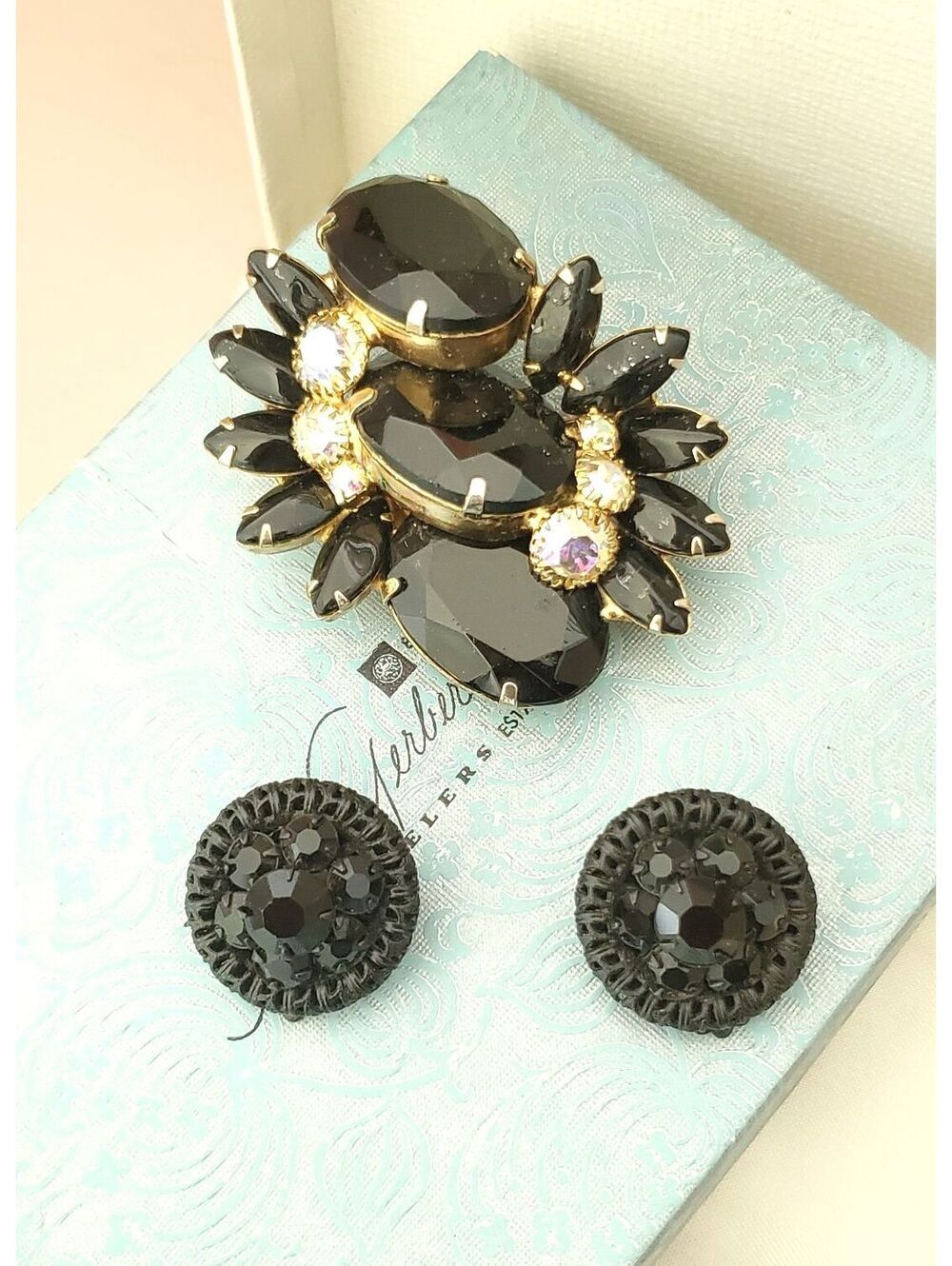 Vintage Black & AB Rhinestone Brooch and Earrings